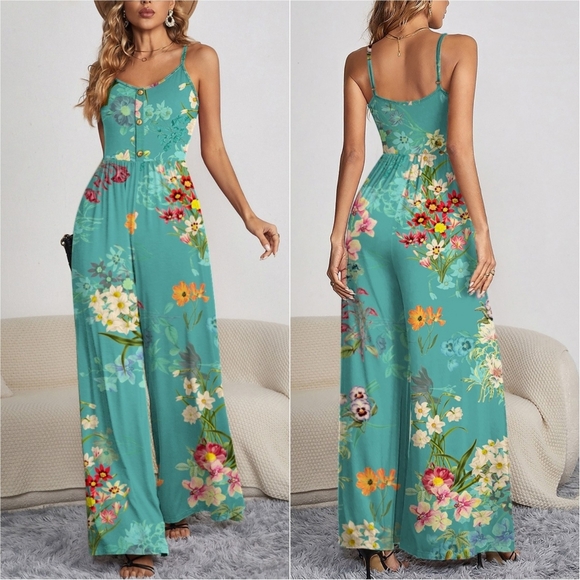 Buttoned Beauty Wide Leg Jumpsuit - Teal